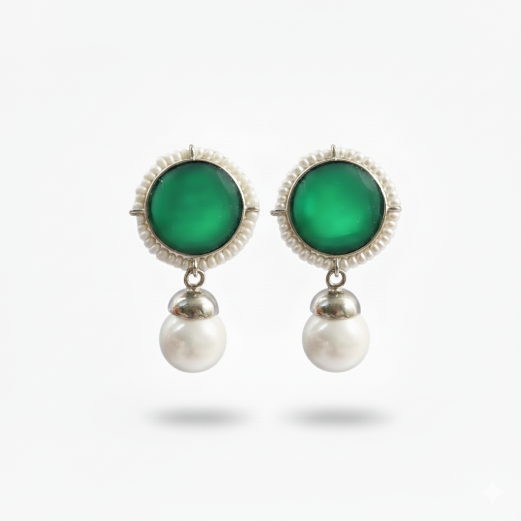 Vintage Vanity 96% Pure Silver Earrings Jade & Pearl - Klyras Jewelry