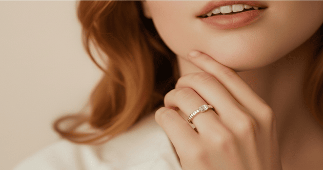 Close-up of a person wearing a ring on a neutral background